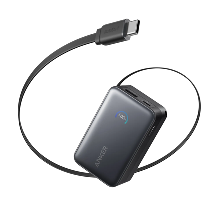 Anker Nano A1638H11 – 10000 mAh 45 W ārējais akumulators ar ievelkamu USB-C kabeli, melns