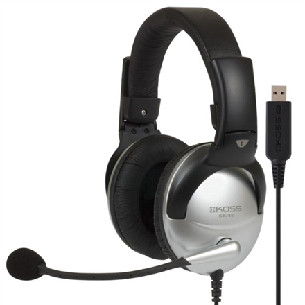 Koss SB45 USB – vadu uz ausīm liekamas spēļu austiņas ar mikrofonu un pasīvo trokšņu izolāciju, sudraba/melnas