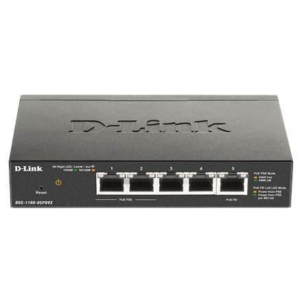 D-Link 5 portu Gigabit PoE viedais pārvaldāms komutators un PoE pagarinātājs DGS-1100-05PDV2, tīmekļa pārvaldība, galda, barošanas avota veids – ārējs