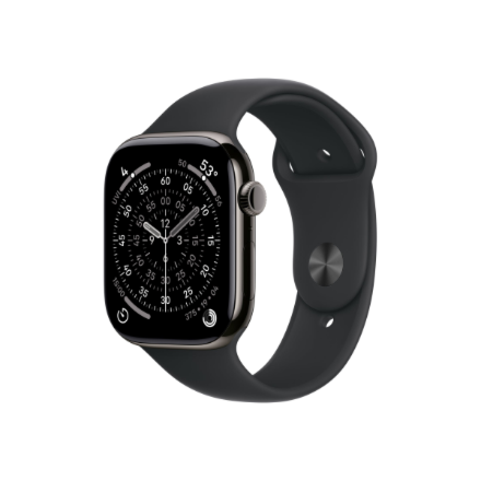Apple Watch Series 11 MFD24ET/A – GPS + Cellular, 46 mm slānekļa krāsas titāna korpuss, melna sporta siksniņa, M/L