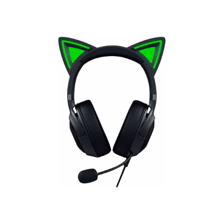 Razer Kraken Kitty V2 – vadu uz ausīm liekamas USB-A austiņas ar kaķa austiņām, melnas