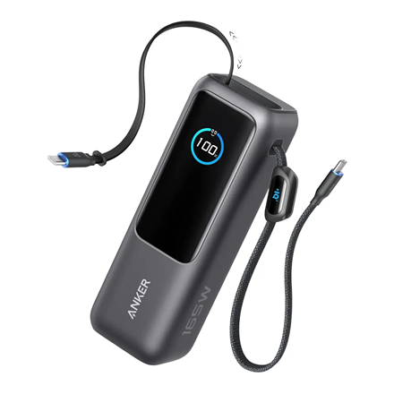Anker Zolo portatīvais lādētājs A1695H11, 25000 mAh, iebūvēts USB-C un izvelkams kabelis, pelēks