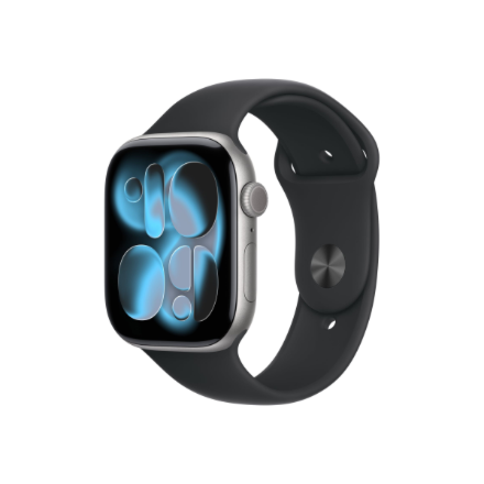 Apple Watch Series 11 GPS + Cellular 46 mm – viedpulkstenis ar Space Grey alumīnija korpusu un melnu M/L izmēra Sport Band siksniņu