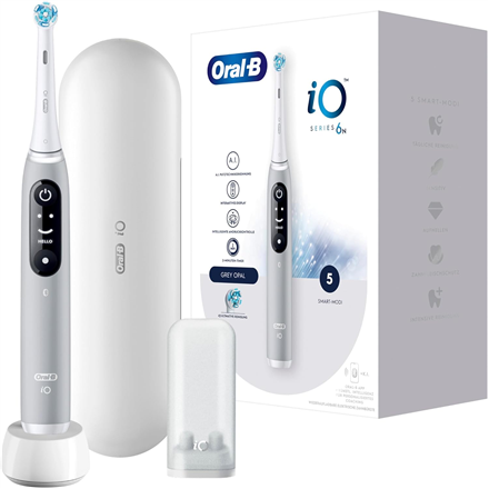 Oral-B elektriskā zobu birste iO6s, uzlādējama, pieaugušajiem, komplektā iekļauto uzgaļu skaits 2, zobu tīrīšanas režīmu skaits 5, pelēka