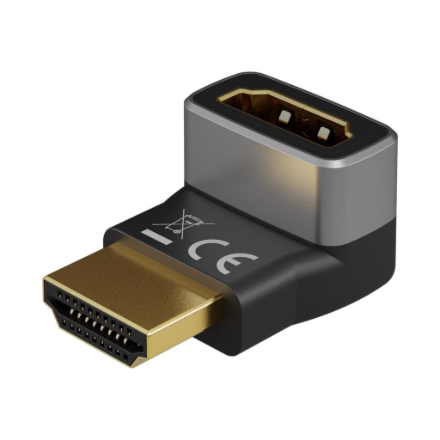 Goobay 72009 – vertikāls 90° leņķa HDMI adapteris, 8K 60 Hz, apzeltīts, melns un sudraba