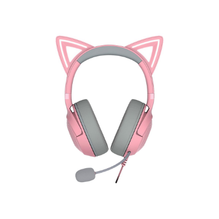 Razer Kraken Kitty V2 Quartz RZ04-04730200-R3M1 – vadu uz ausīm liekamas USB-A austiņas ar kaķa austiņām, rozā