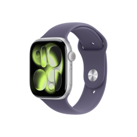 Apple Watch Series 11 MFCP4ET/A – GPS + Cellular, 46 mm sudraba alumīnija korpuss, violetas miglas sporta siksniņa, S/M