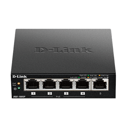 D-Link komutators DGS-1005P, nepārvaldāms, galda, Gigabit Ethernet (vara) portu skaits 5, Power over Ethernet (PoE) portu skaits 4, barošanas veids – ārējs