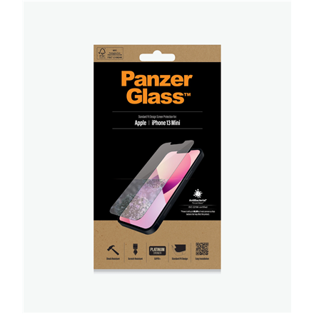 PanzerGlass Caurspīdīgs ekrāna aizsargs Apple iPhone 13 Mini Rūdīts stikls Antibakteriāls stikls; Izturīgs pret skrāpējumiem un baktērijām; Absorbē triecienus; Viegli uzstādāms