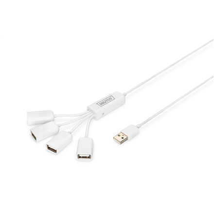DIGITUS DA-70216 – USB 2.0 kabeļa centrmezgls, 4 × USB-A ligzdas, 1 × USB-A spraudnis, DC 2,5 mm barošanas ieeja