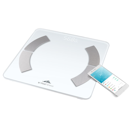 ETA Vital Fitness ETA277990000 – digitālie personiskie svari, līdz 180 kg, 100 g precizitāte, ar ĶMI mērīšanu, balti