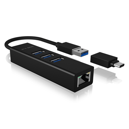 ICY BOX IB-HUB1419-LAN – 4 portu USB-A un USB-C centrmezgls ar Gigabit Ethernet