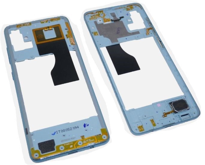 Oriģināls Samsung A515 A51 2019 vidējais korpuss ar skaļruni un sānu pogām, Prism Crush Blue krāsā (lietots, B klase)