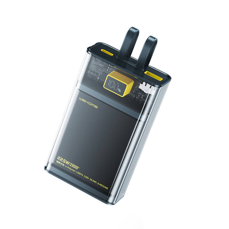 WEKOME WP-325 Vanguard Series ārējais akumulators, 20000 mAh, PD 20 W + QC 22,5 W, ar iebūvētiem USB-C un Lightning kabeļiem, melns un caurspīdīgs
