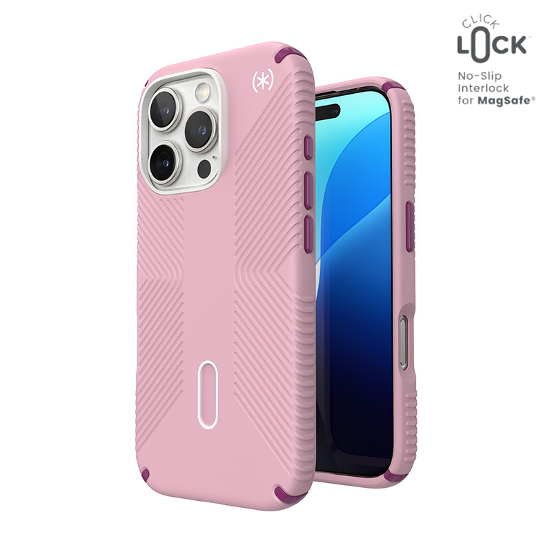 Speck Presidio2 Grip ClickLock & MagSafe vāciņš ierīcei iPhone 16 Pro, Wednesday Pink / Boysenberry Purple / balts