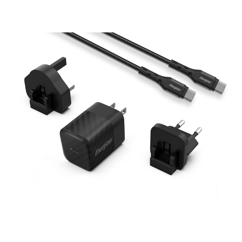 Energizer Ultimate A20MUC GaN ceļojumu sienas lādētājs ar EU / UK / US spraudņiem, USB-C, 20 W PD, ar USB-C kabeli, melns