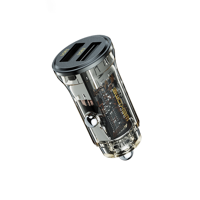 WEKOME WP-C40 Vanguard Series auto lādētājs, 2 × USB-A, 15 W, melns un caurspīdīgs