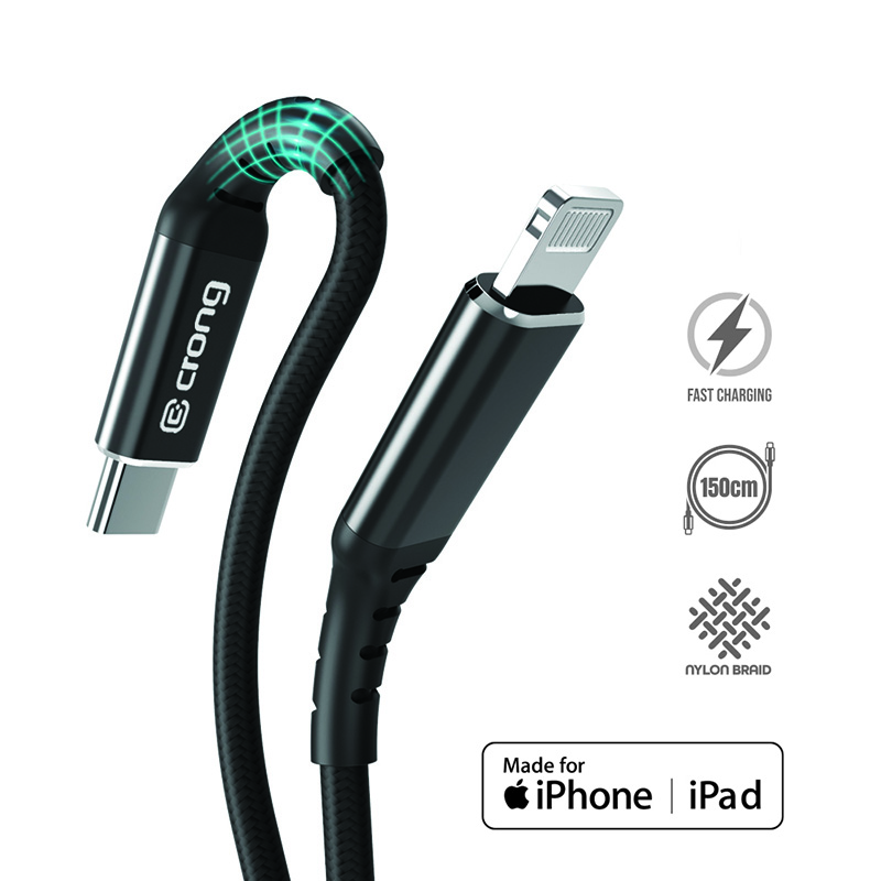 Crong Armor Link MFi USB-C–Lightning kabelis, 1.5 m, 3 A, melns