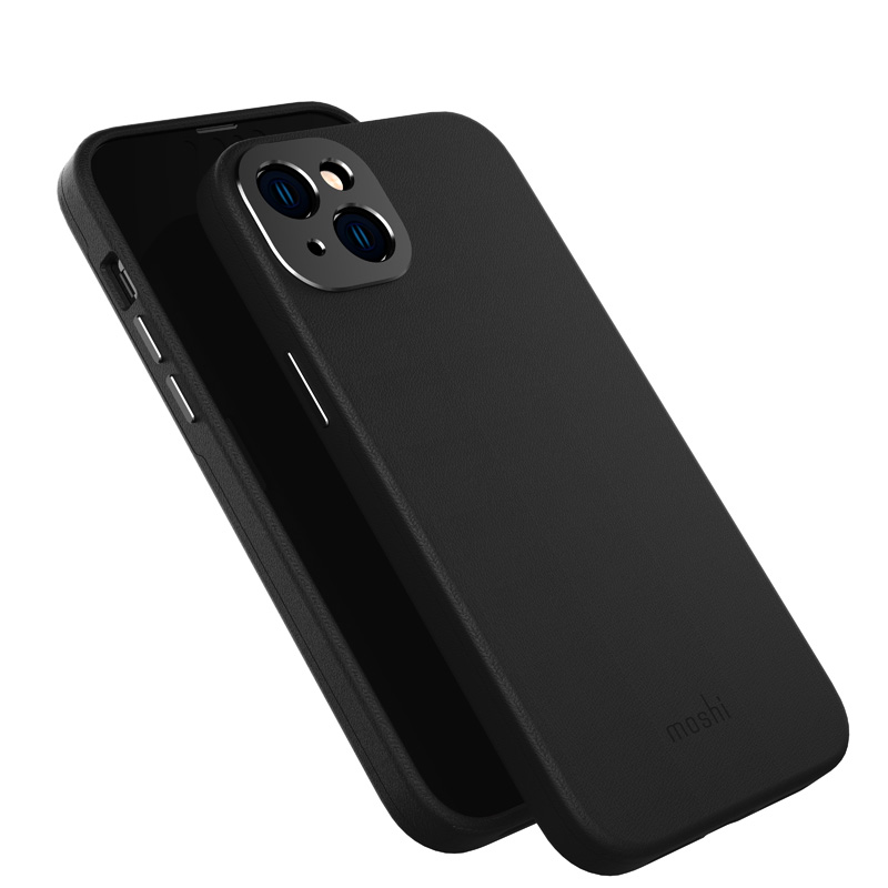 Moshi Napa vāciņš ierīcei iPhone 14 Plus, saderīgs ar MagSafe, no vegānās ādas, “Midnight Black” krāsā