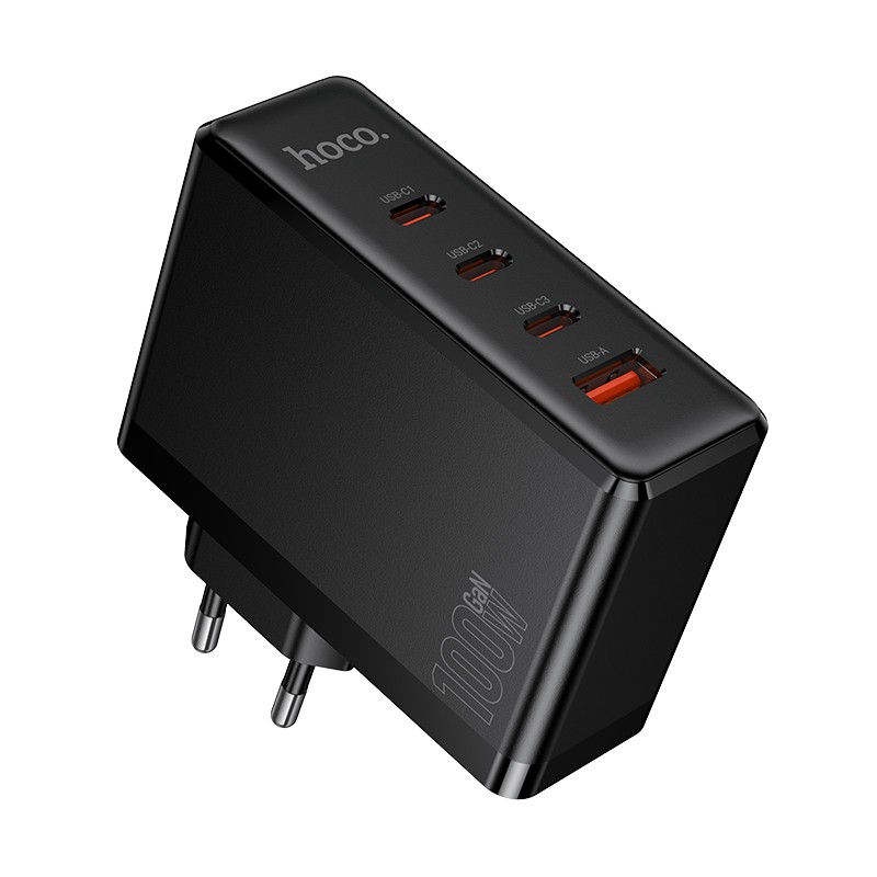 Hoco N85 100 W lādētājs ar trim USB-C pieslēgvietām un vienu USB-A pieslēgvietu, melns
