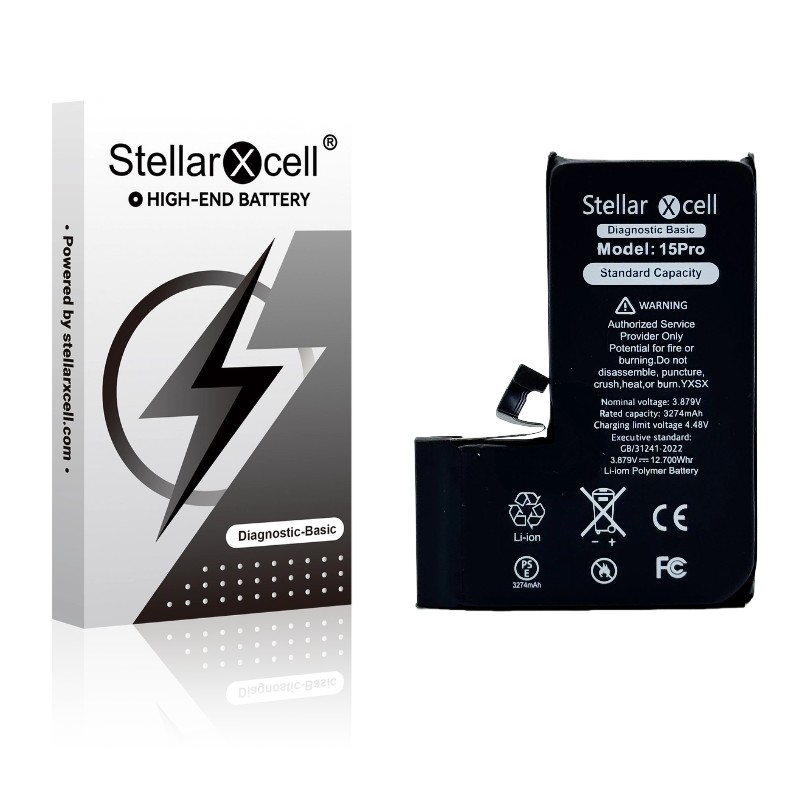 StellarXcell Diagnostic akumulators Apple iPhone 15 Pro, 3274 mAh (standarta ietilpība + augstas kvalitātes BMS kopija)
