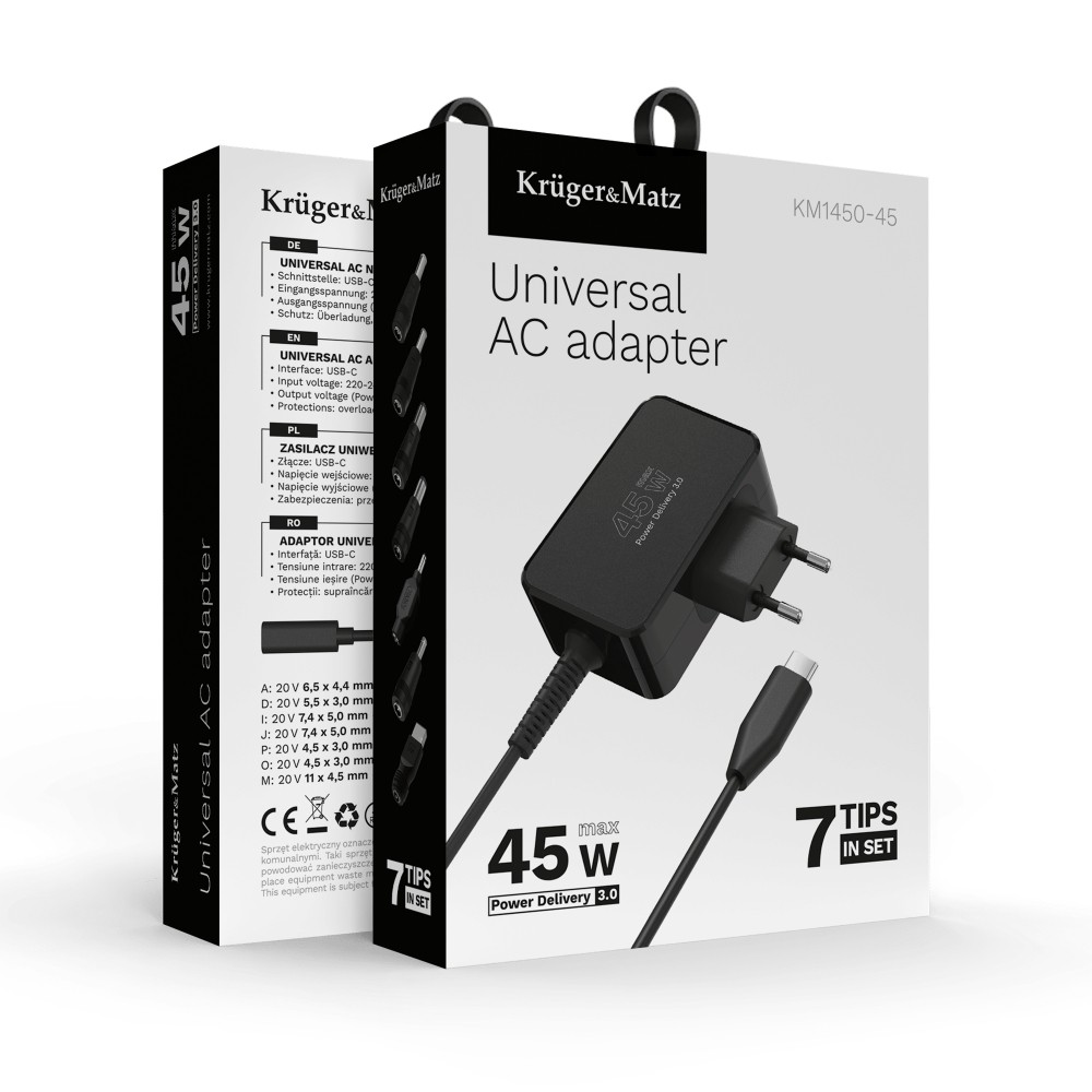 Kruger&Matz universāls klēpjdatoru lādētājs, 45 W, melns