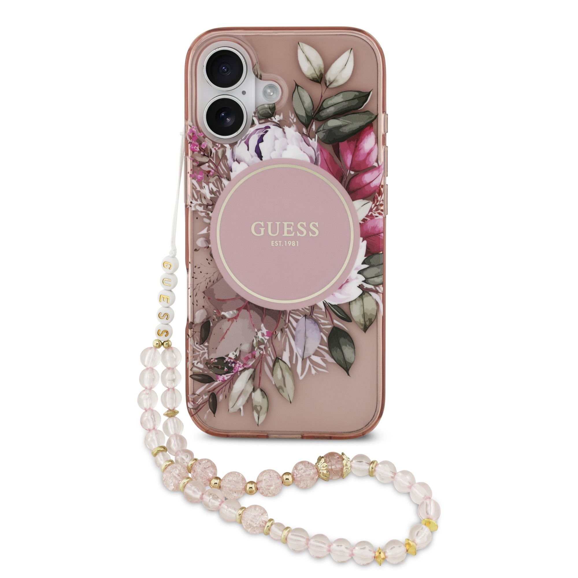 Guess IML Flowers Strap MagSafe vāciņš Apple iPhone 17, rozā