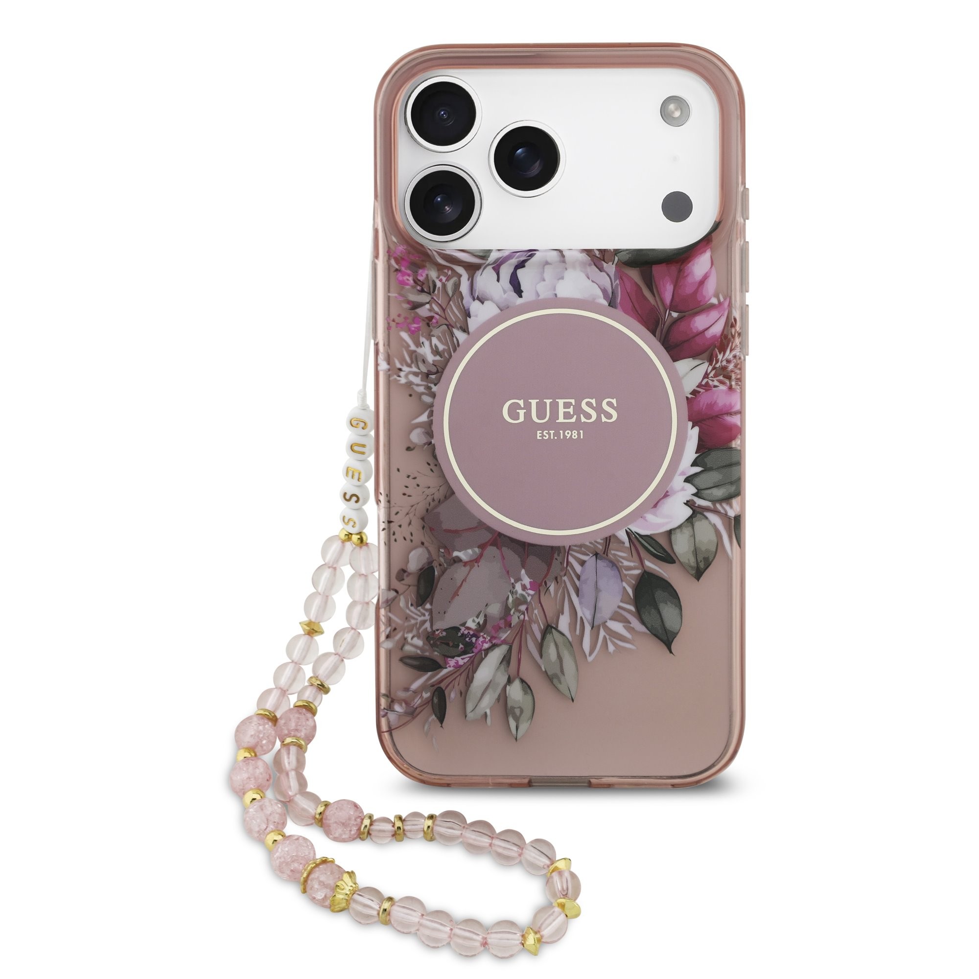 Guess IML Ziedi Pērļu Siksna Magnētiskais viedtālruņa apvalks iPhone 17 Pro Max rozā