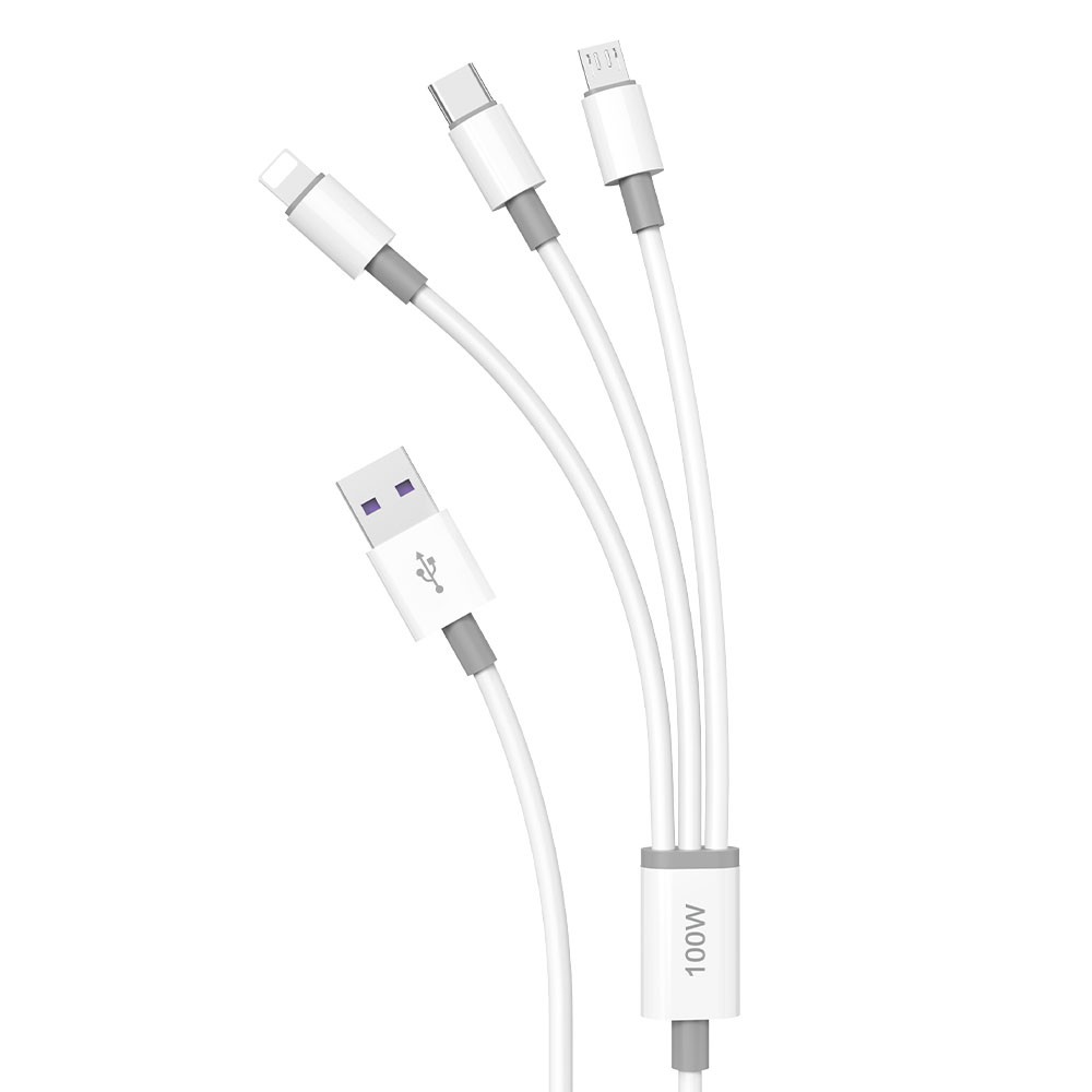 Dudao L8s-3in1 USB-A–USB-C / Micro-USB / Lightning kabelis, 100 W, 1,2 m, balts