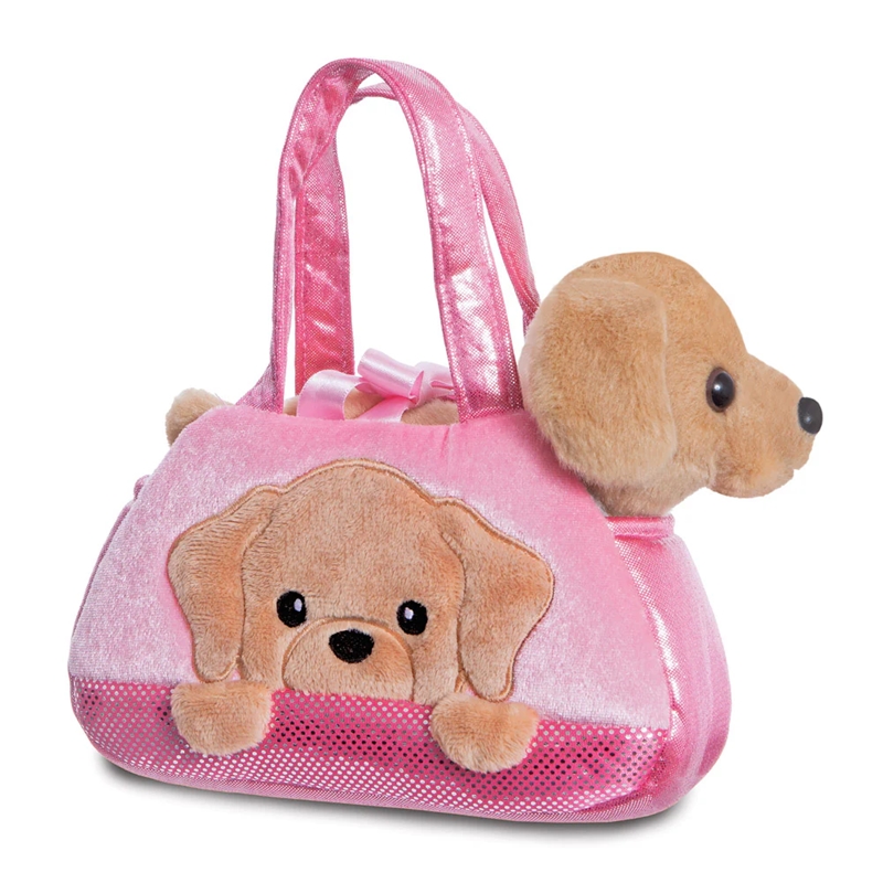 Fancy Pals PeekaBoo videi draudzīga labradora plīša rotaļlieta rozā somiņā, 20 cm