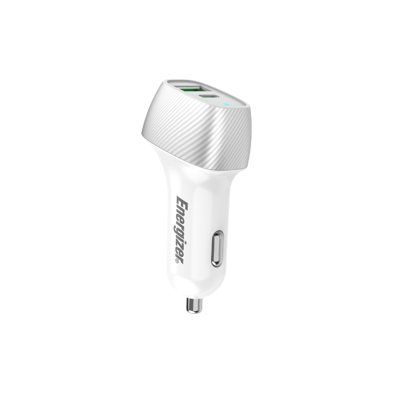 Energizer Ultimate D38WS auto lādētājs, USB-C + USB-A, 38 W PD + QC 3,0, baltā un sudraba krāsā