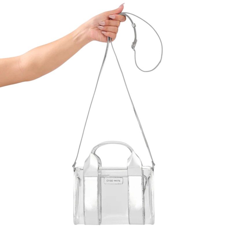 Case-Mate Micro Tote Bag water-resistant shoulder bag, Silver Chrome / Clear