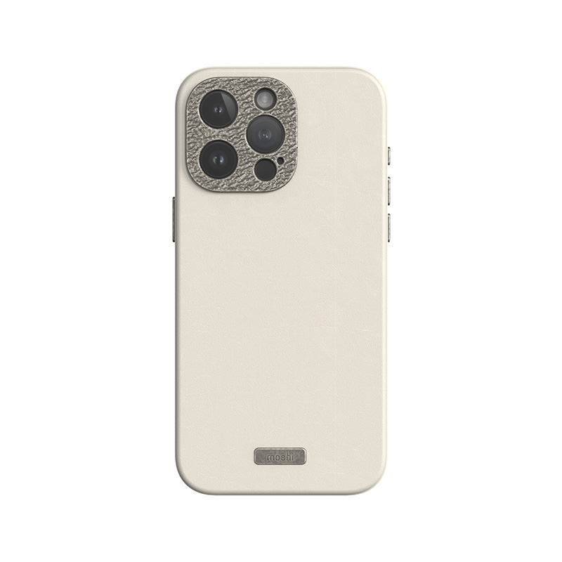 Moshi Napa MagSafe augstākās kvalitātes vegānās ādas vāciņš ierīcei iPhone 15 Pro Max, “Eggnog White” krāsā
