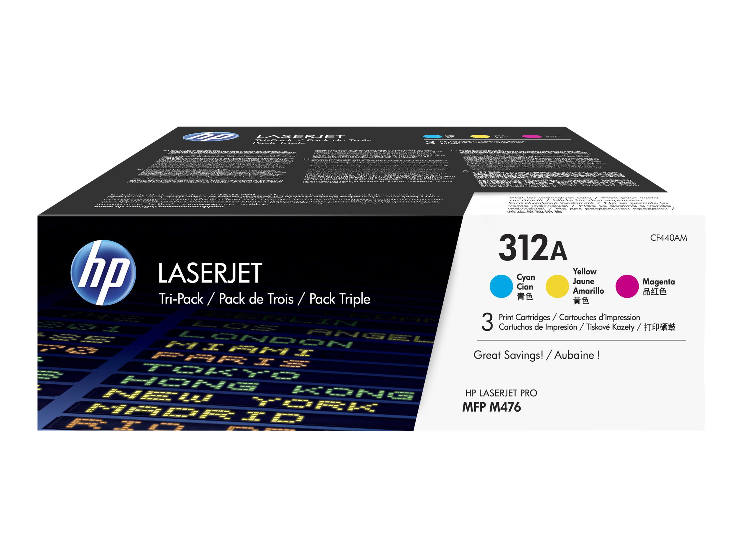 Oriģinālo HP 312A LaserJet tonera kasetņu komplekts (CF440AM), ciāna / fuksīna / dzeltena, 3 gab., paredzēts Color LaserJet Pro MFP M476