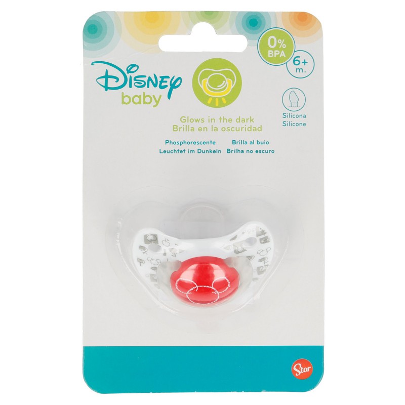 Mickey Mouse anatomiskas formas silikona māneklītis, no 6 mēnešiem, spīd tumsā, sarkans
