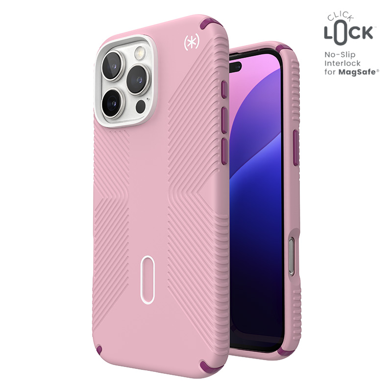 Speck Presidio2 Grip ClickLock & MagSafe vāciņš ierīcei iPhone 16 Pro Max, Wednesday Pink / Boysenberry Purple / balts