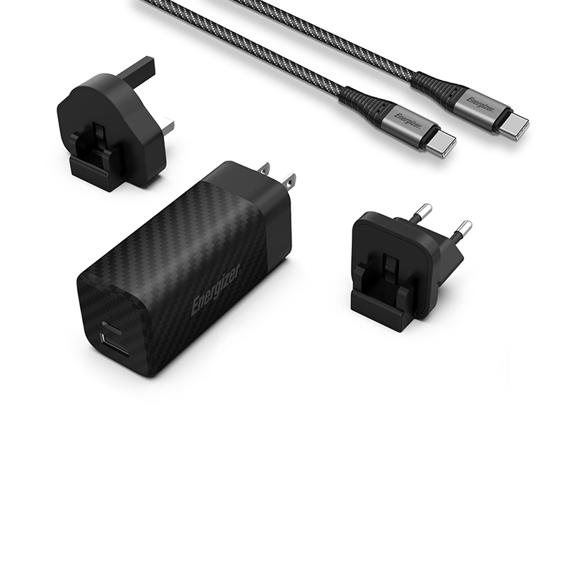 Energizer Ultimate A65MUC GaN ceļojumu sienas lādētājs ar EU / UK / US spraudņiem, USB-C + USB-A, 65 W PD, ar USB-C kabeli, melns