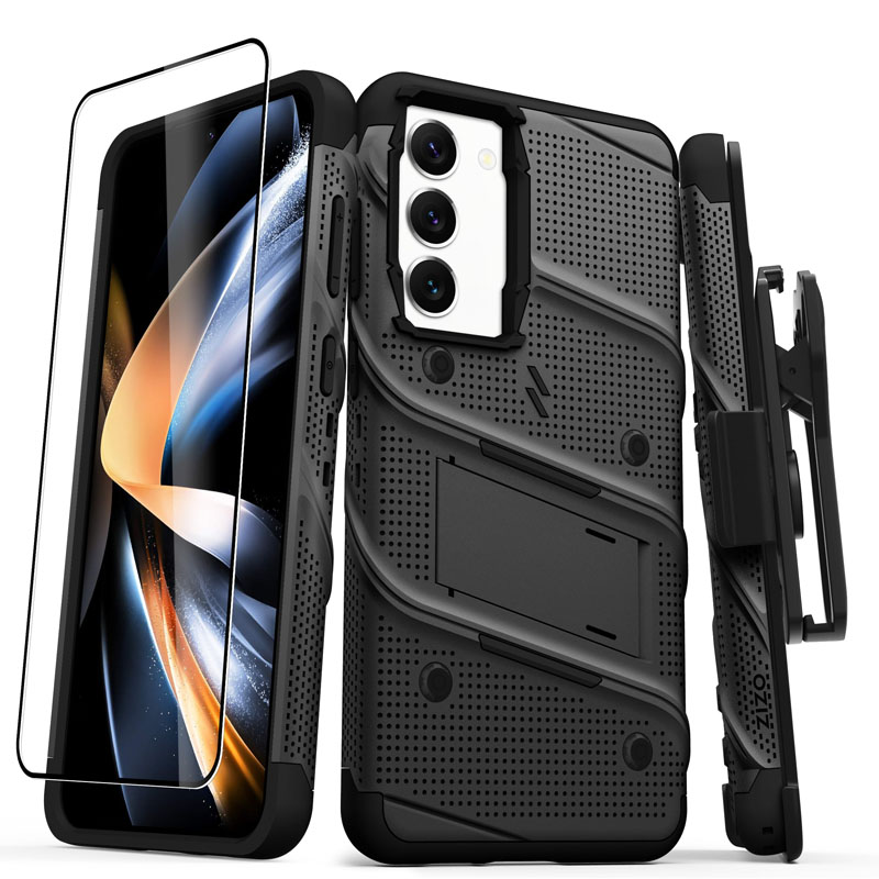 ZIZO BOLT Series bruņota vāciņa komplekts Samsung Galaxy S23+ ar 9H ekrāna stiklu, iebūvētu statīvu un pie jostas stiprināmu turētāju, melns