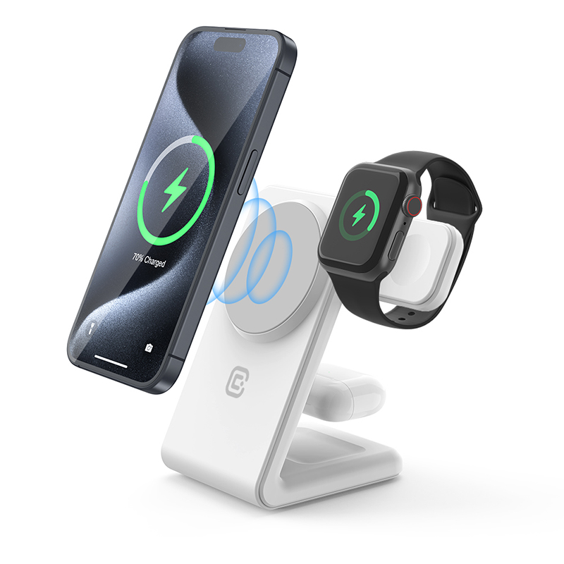 Crong MagSpot Pivot Stand 3 vienā bezvadu lādētājs iPhone, Apple Watch un AirPods ierīcēm, saderīgs ar MagSafe, balts