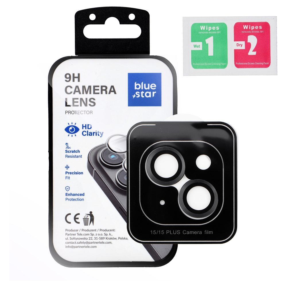Tempered Glass Camera Lens Protector for iPhone 15 / 15 PLUS Blue Star Easy Install black