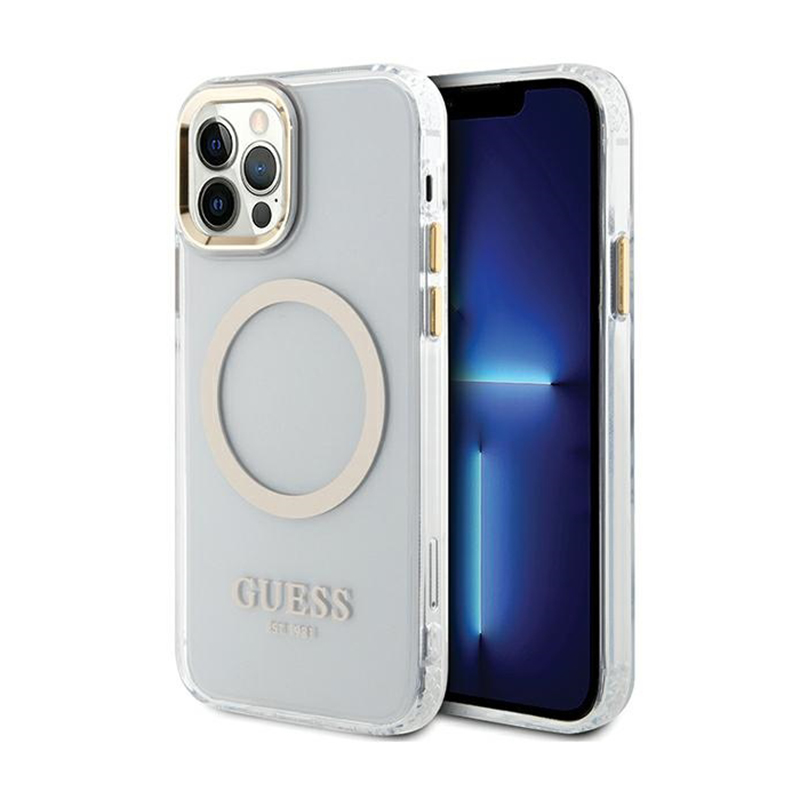 Guess GUHMP12MHTRMD Metal Outline vāciņš ierīcei iPhone 12 / 12 Pro 6.1", ar MagSafe, zelta krāsā