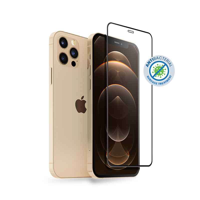 Crong 3D Armor Glass 9H rūdīta stikla ekrāna aizsargs iPhone 12 Pro Max ar antibakteriālu aizsardzību, ar uzstādīšanas rāmi