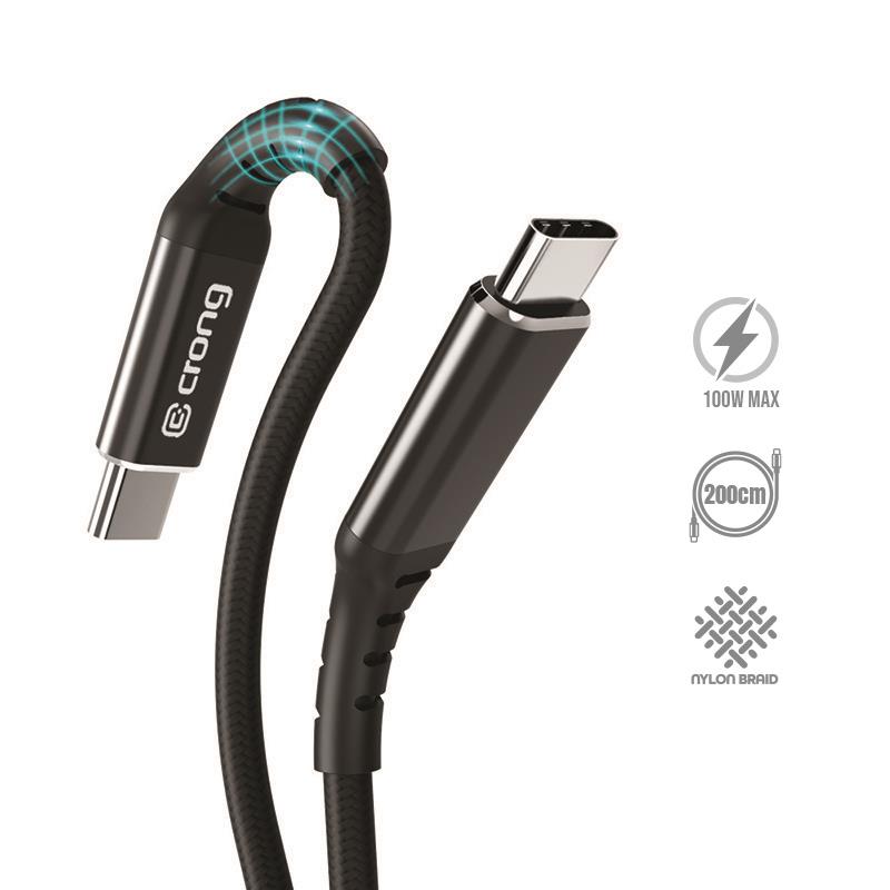 Crong Armor Link USB-C–USB-C kabelis, 200 cm, 100 W PD, 5 A, melns