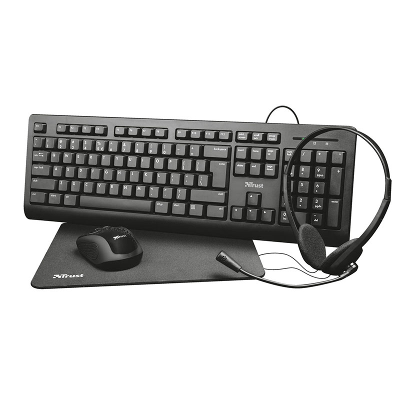 Trust Primo 4-in-1 vadu tastatūras, bezvadu peles, austiņu un peles paliktņa komplekts