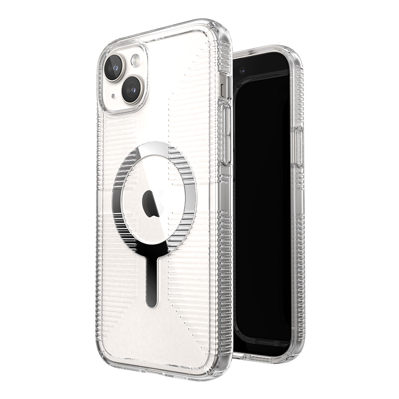 Speck GemShell Grip MagSafe vāciņš ierīcei iPhone 15 Plus / 14 Plus, caurspīdīgs ar hroma krāsas akcentiem