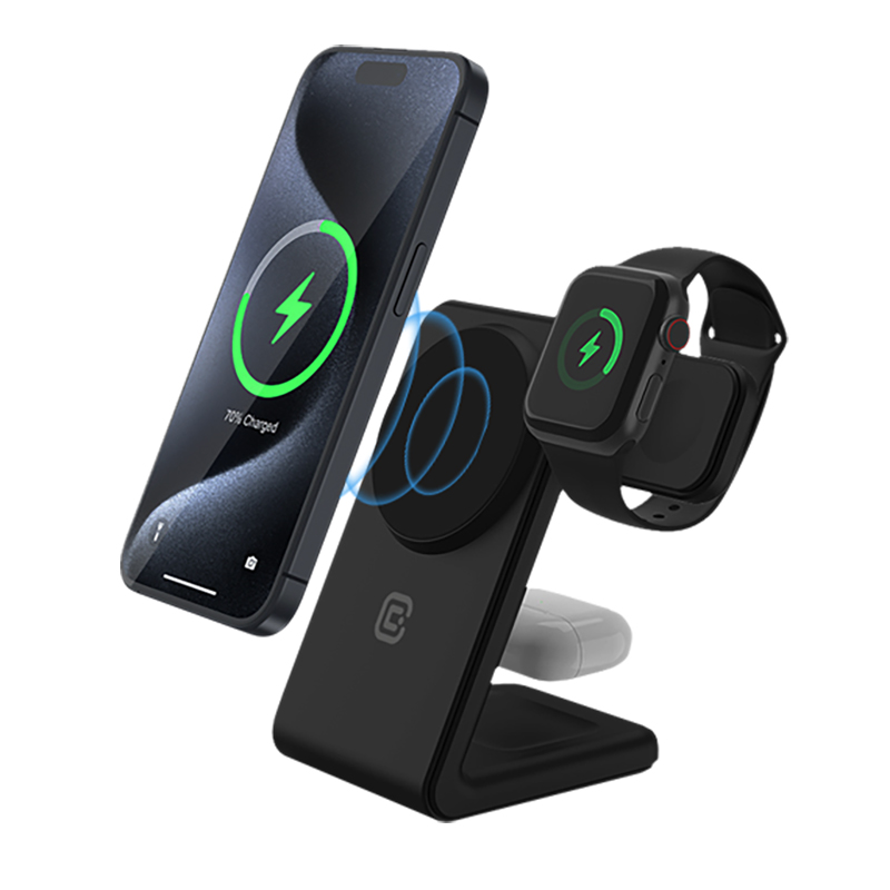 Crong MagSpot Pivot Stand 3 vienā bezvadu lādētājs iPhone, Apple Watch un AirPods ierīcēm, saderīgs ar MagSafe, melns