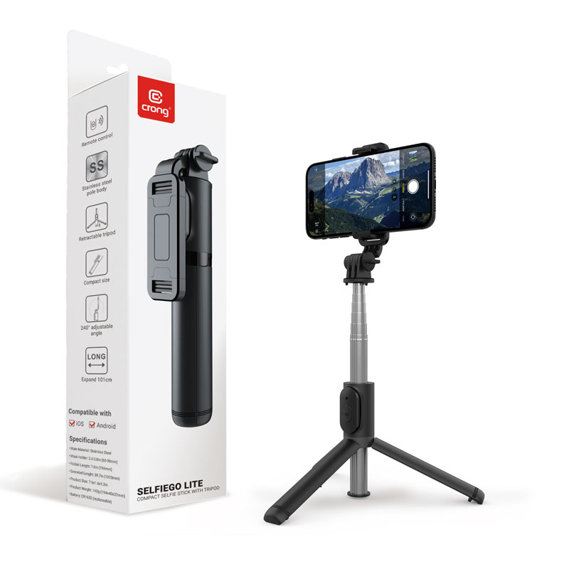 Crong SelfieGo Lite kompakta Bluetooth pašbildes nūja un statīvs, melna