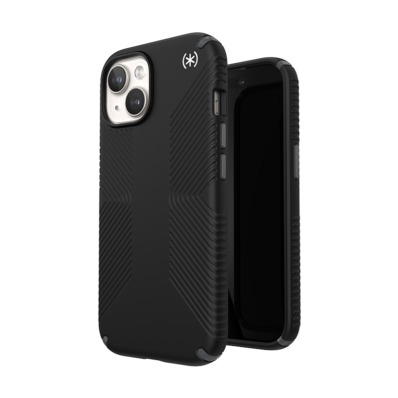 Speck Presidio2 Grip MagSafe vāciņš ierīcei iPhone 17e / 16e / 15 / 14 / 13, melns ar slānekļpelēkām detaļām