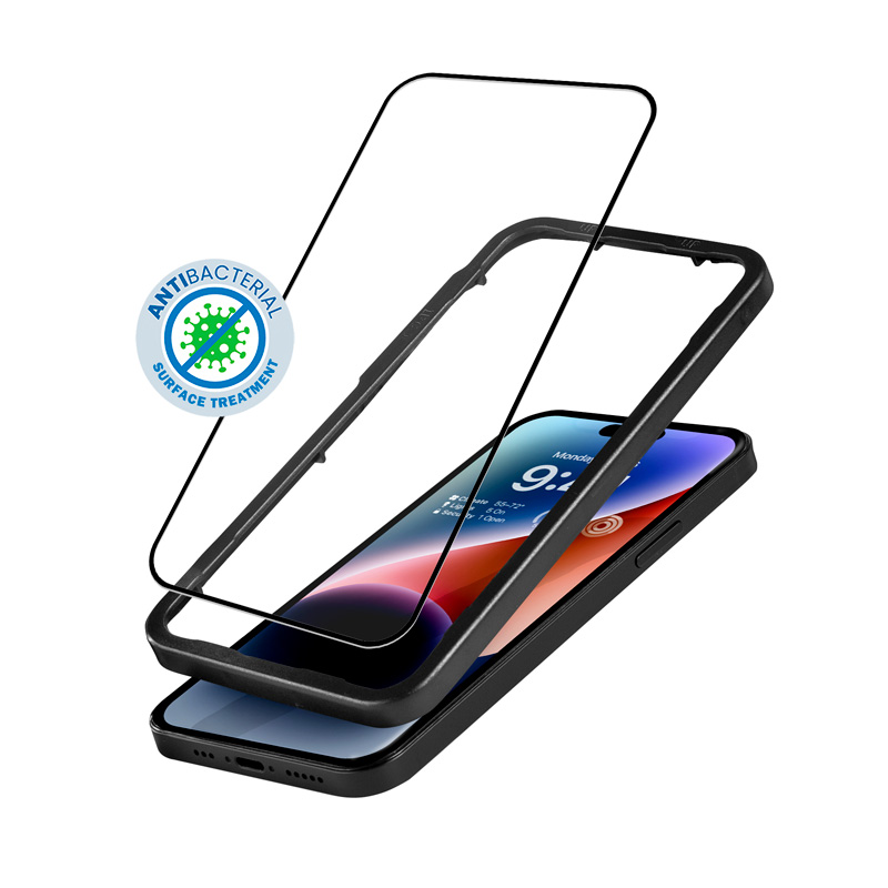 Crong Anti-Bacterial 3D Armor Glass 9H visu ekrānu pārklājošs rūdīta stikla aizsargs iPhone 14 Pro ar uzstādīšanas rāmi