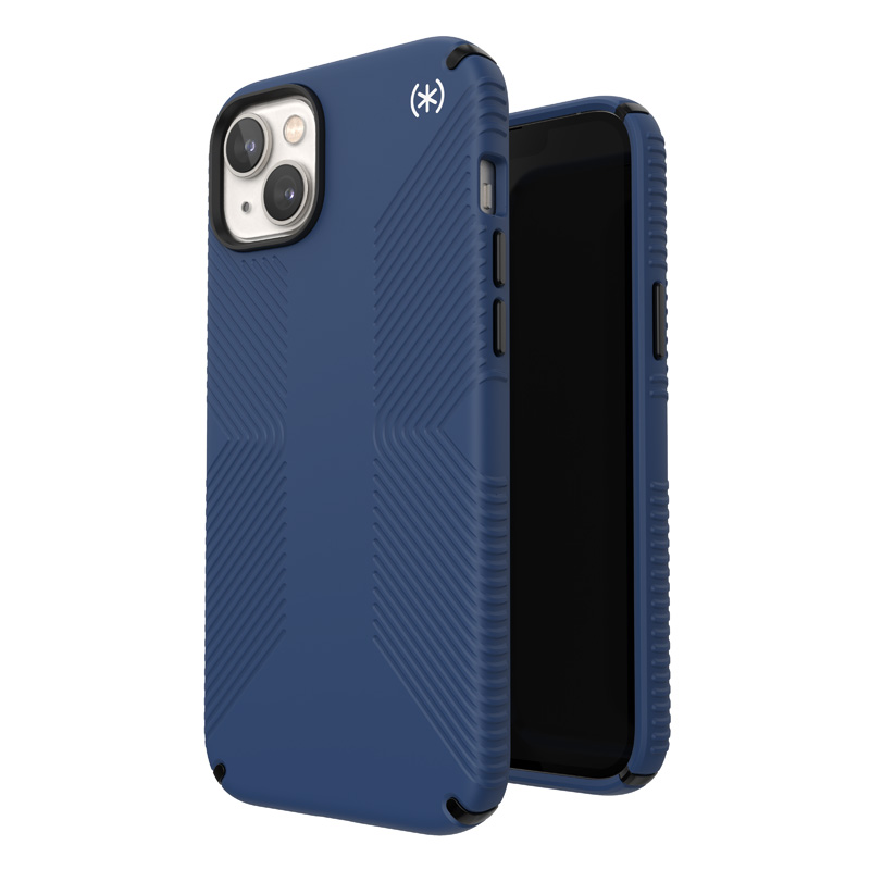 Speck Presidio2 Grip vāciņš ierīcei iPhone 15 Plus / 14 Plus, ar neslīdošu satvērienu, “Coastal Blue / Black / White” krāsu kombinācija